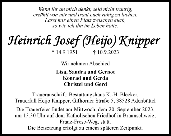 Traueranzeige von Heinrich Josef Knipper von Braunschweiger Zeitung