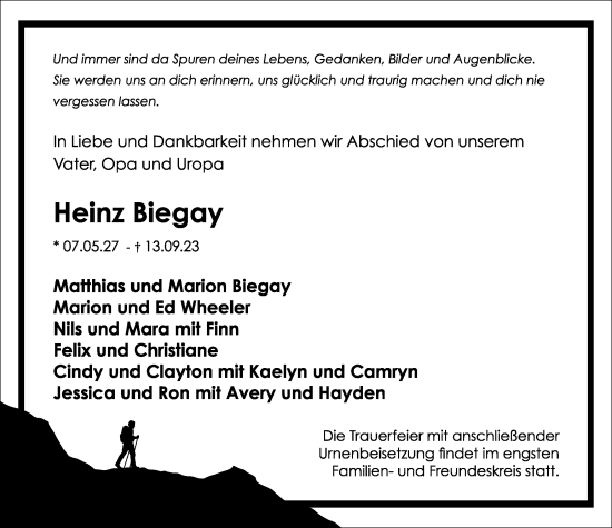 Traueranzeige von Heinz Biegay von Wolfsburger Nachrichten