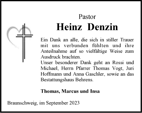 Traueranzeige von Heinz Denzin von Braunschweiger Zeitung