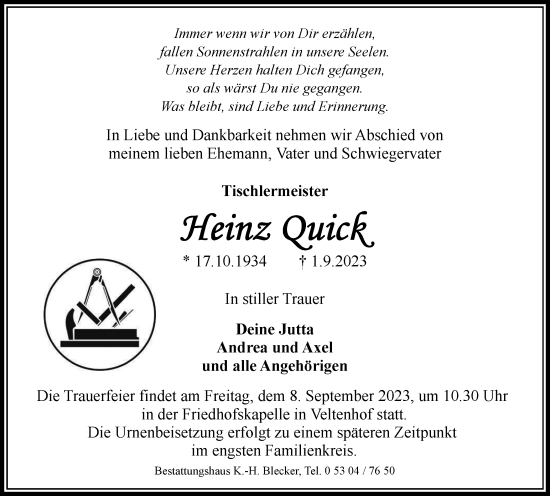 Traueranzeige von Heinz Quick von Braunschweiger Zeitung