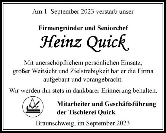 Traueranzeige von Heinz Quick von Braunschweiger Zeitung