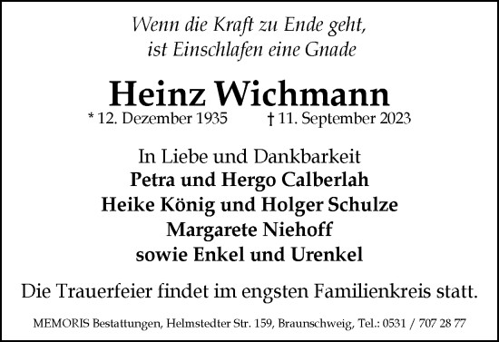 Traueranzeige von Heinz Wichmann von Braunschweiger Zeitung