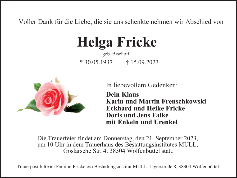  Traueranzeige für Helga Fricke vom 19.09.2023 aus Wolfenbütteler Zeitung