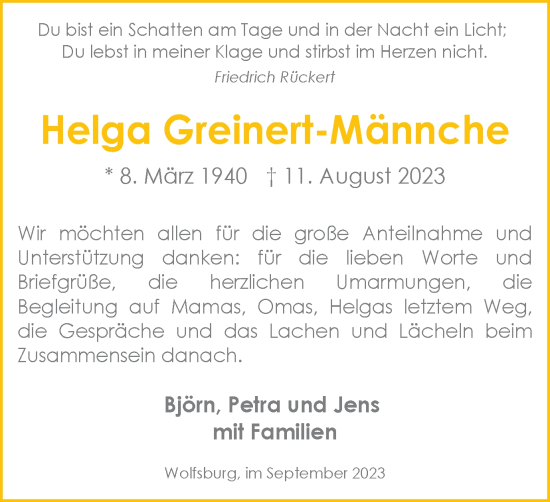 Traueranzeige von Helga Greinert-Männche von Wolfsburger Nachrichten