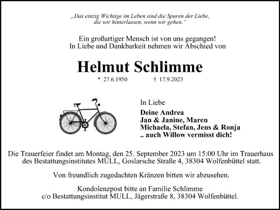 Traueranzeige von Helmut Schlimme von Braunschweiger Zeitung