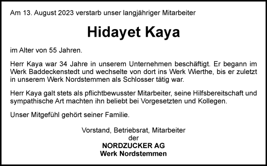 Traueranzeige von Hidayet Kaya von Salzgitter-Zeitung