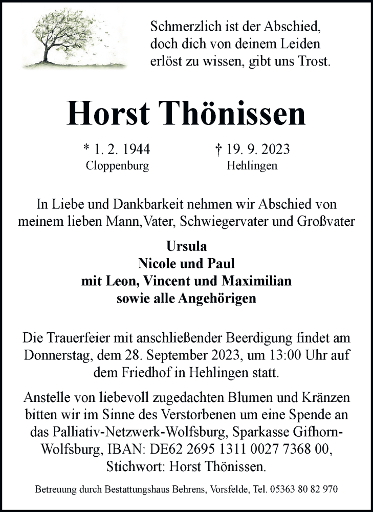  Traueranzeige für Horst Thönissen vom 22.09.2023 aus Wolfsburger Nachrichten