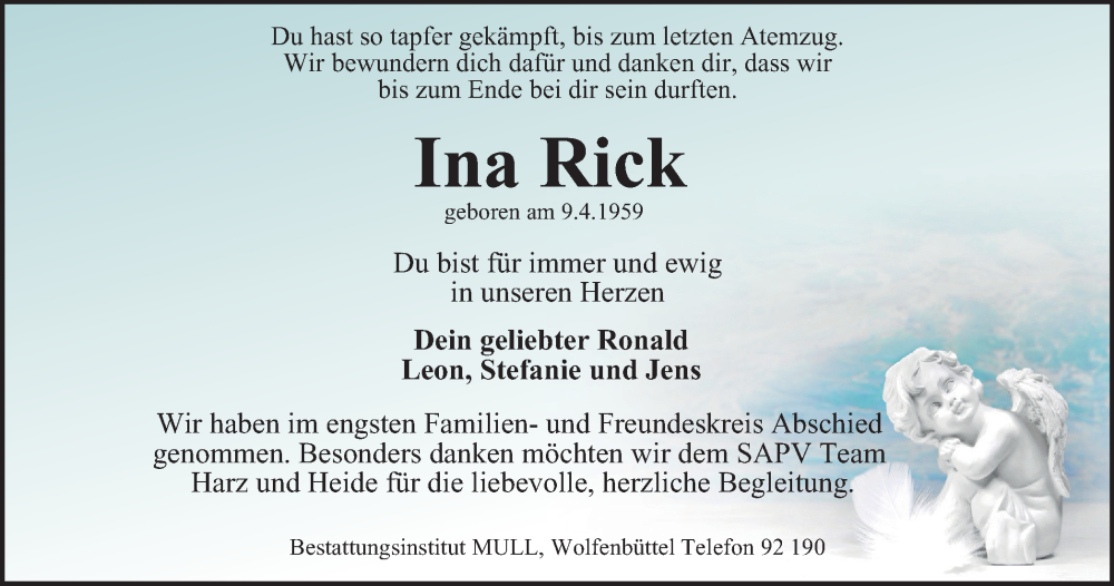  Traueranzeige für Ina Rick vom 08.09.2023 aus Braunschweiger Zeitung