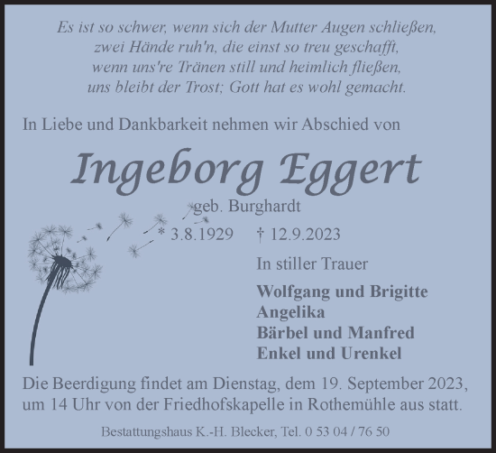 Traueranzeige von Ingeborg Eggert von Wolfsburger Nachrichten