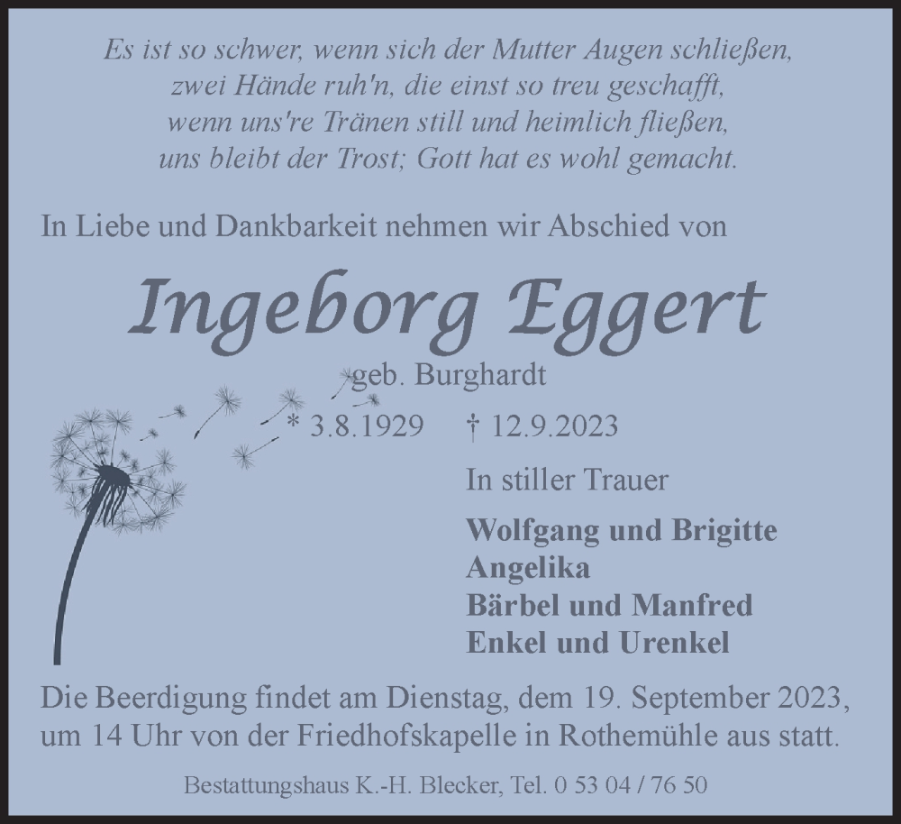  Traueranzeige für Ingeborg Eggert vom 16.09.2023 aus Wolfsburger Nachrichten