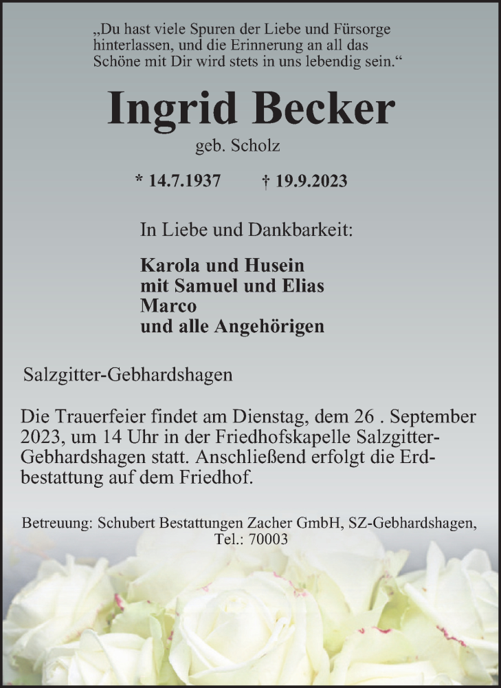  Traueranzeige für Ingrid Becker vom 23.09.2023 aus Salzgitter-Zeitung
