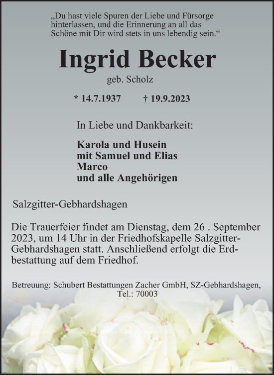 Traueranzeige von Ingrid Becker von Salzgitter-Zeitung