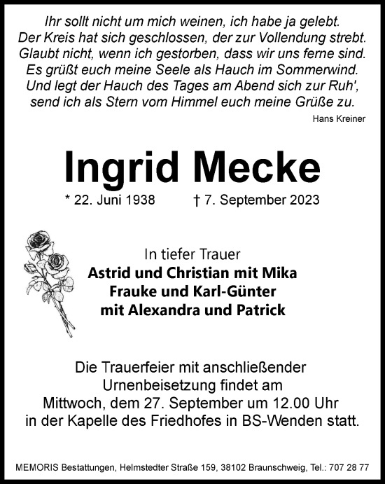 Traueranzeige von Ingrid Mecke von Braunschweiger Zeitung
