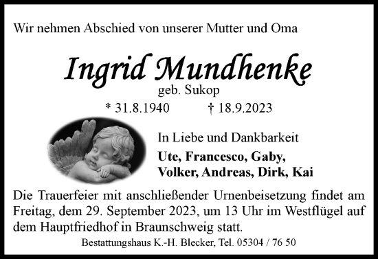 Traueranzeige von Ingrid Mundhenke von Braunschweiger Zeitung
