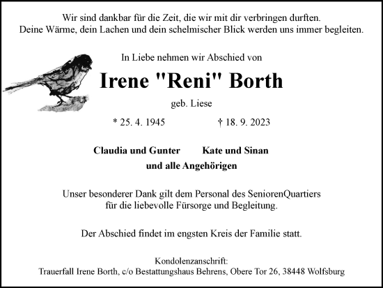 Traueranzeige von Irene Borth von Wolfsburger Nachrichten