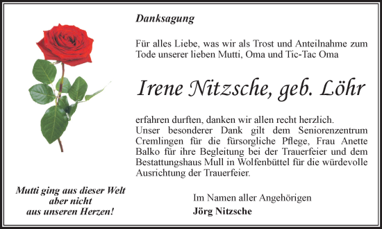 Traueranzeige von Irene Nitzsche von Braunschweiger Zeitung