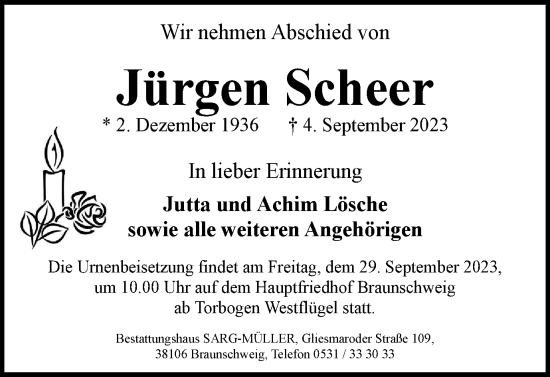 Traueranzeige von Jürgen Scheer von Braunschweiger Zeitung