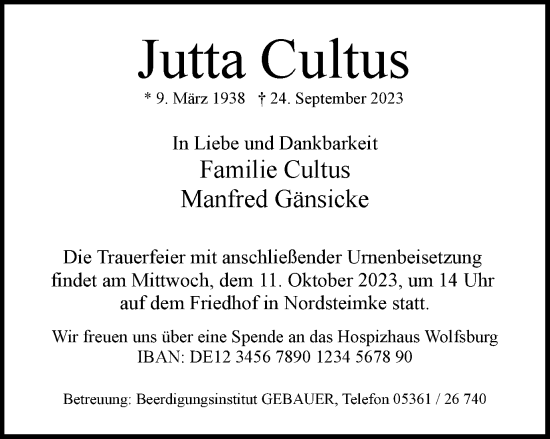 Traueranzeige von Jutta Cultus von Wolfsburger Nachrichten