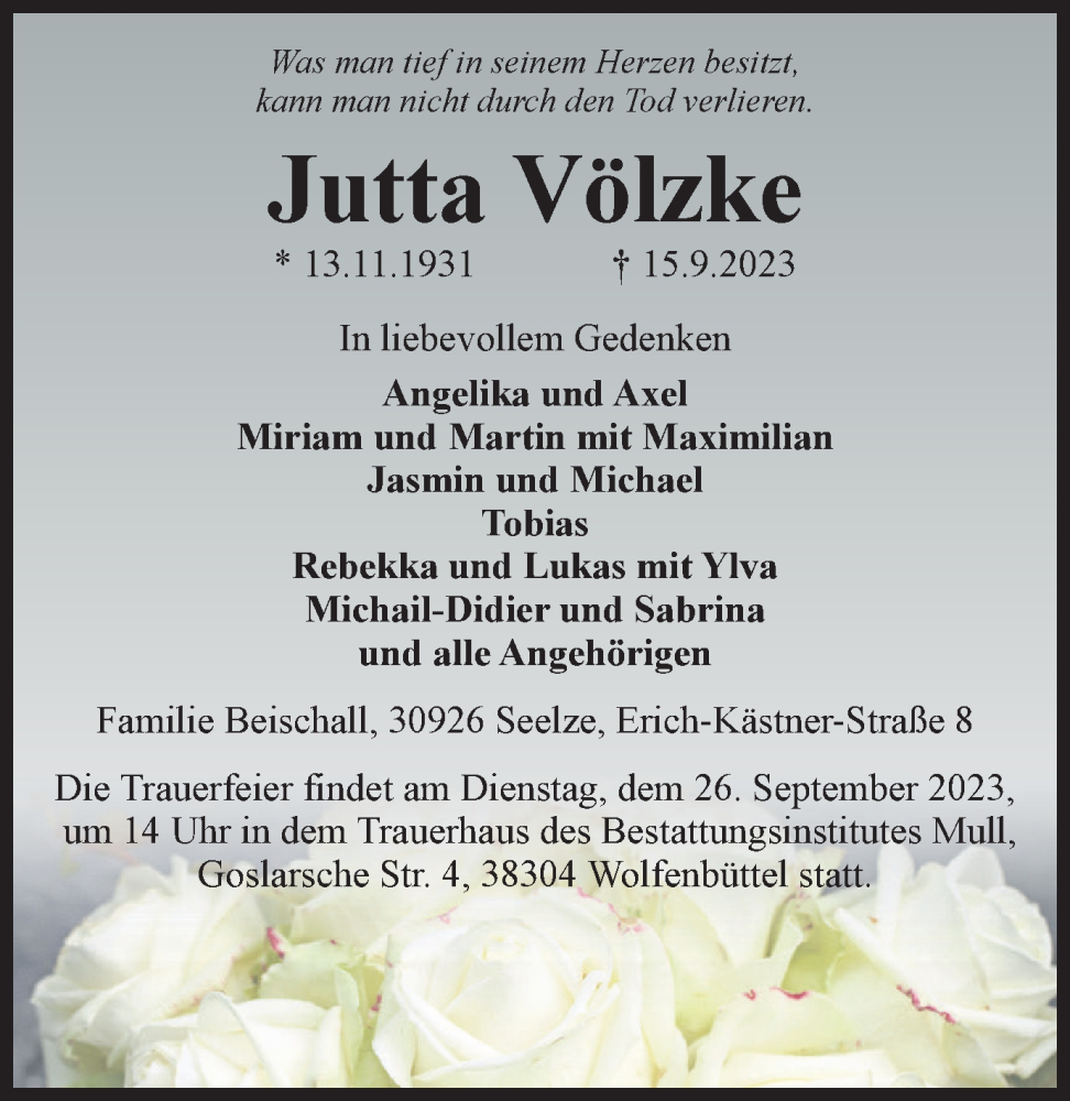  Traueranzeige für Jutta Völzke vom 23.09.2023 aus Wolfenbütteler Zeitung