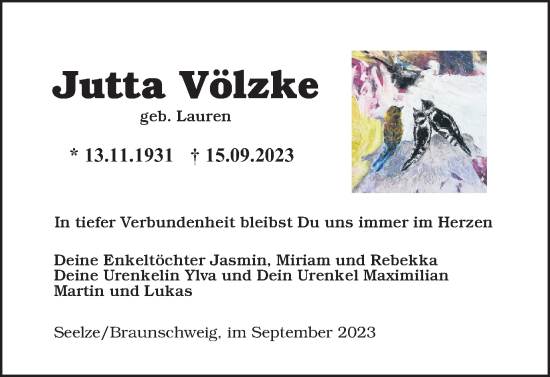Traueranzeige von Jutta Völzke von Wolfenbütteler Zeitung