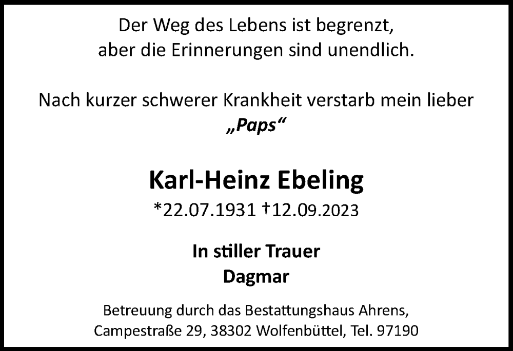  Traueranzeige für Karl-Heinz Ebeling vom 23.09.2023 aus Wolfenbütteler Zeitung