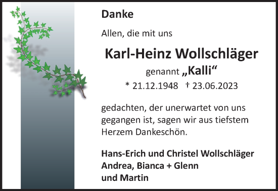 Traueranzeige von Karl-Heinz Wollschläger von Braunschweiger Zeitung