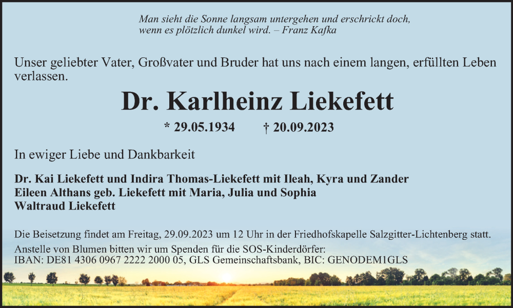  Traueranzeige für Karlheinz Liekefett vom 26.09.2023 aus Braunschweiger Zeitung, Salzgitter-Zeitung