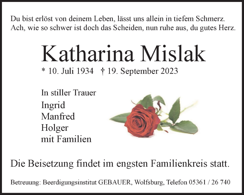  Traueranzeige für Katharina Mislak vom 23.09.2023 aus Wolfsburger Nachrichten