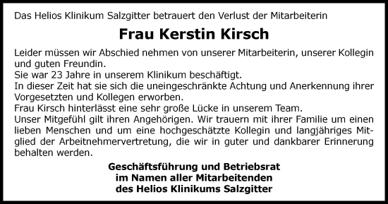 Traueranzeige von Kerstin Kirsch von Salzgitter-Zeitung