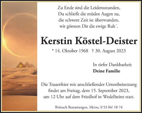 Traueranzeige von Kerstin Köstel-Deister von Braunschweiger Zeitung