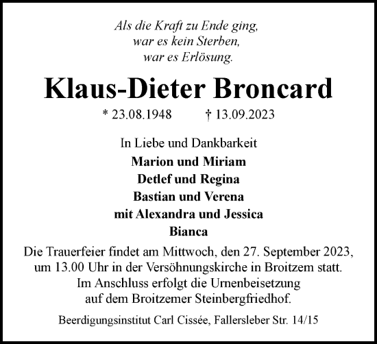 Traueranzeige von Klaus-Dieter Broncard von Braunschweiger Zeitung