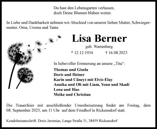 Traueranzeige von Lisa Berner von Helmstedter Nachrichten