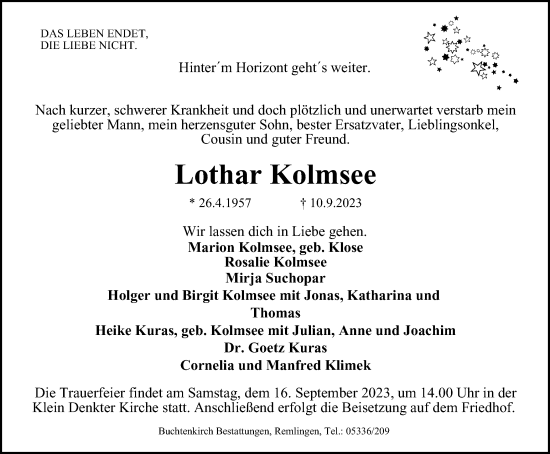 Traueranzeige von Lothar Kolmsee von Wolfenbütteler Zeitung
