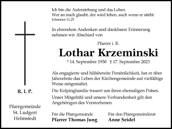 Traueranzeige von Lothar Krzeminski von Helmstedter Nachrichten
