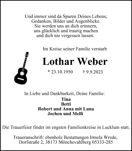Traueranzeige von Lothar Weber von Wolfenbütteler Zeitung