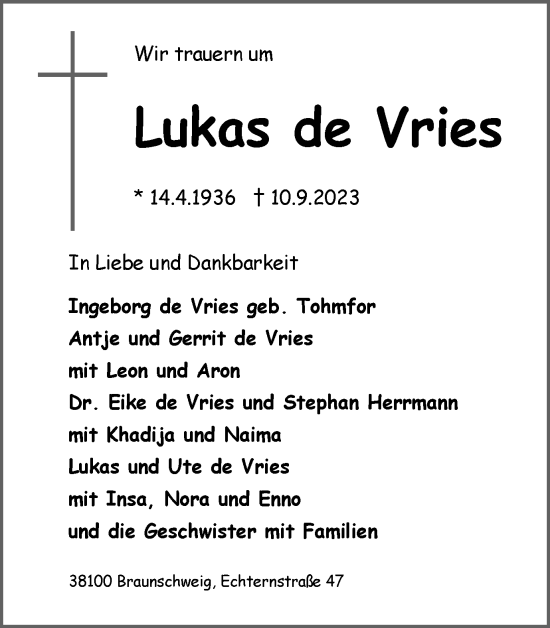 Traueranzeige von Lukas de Vries von Braunschweiger Zeitung