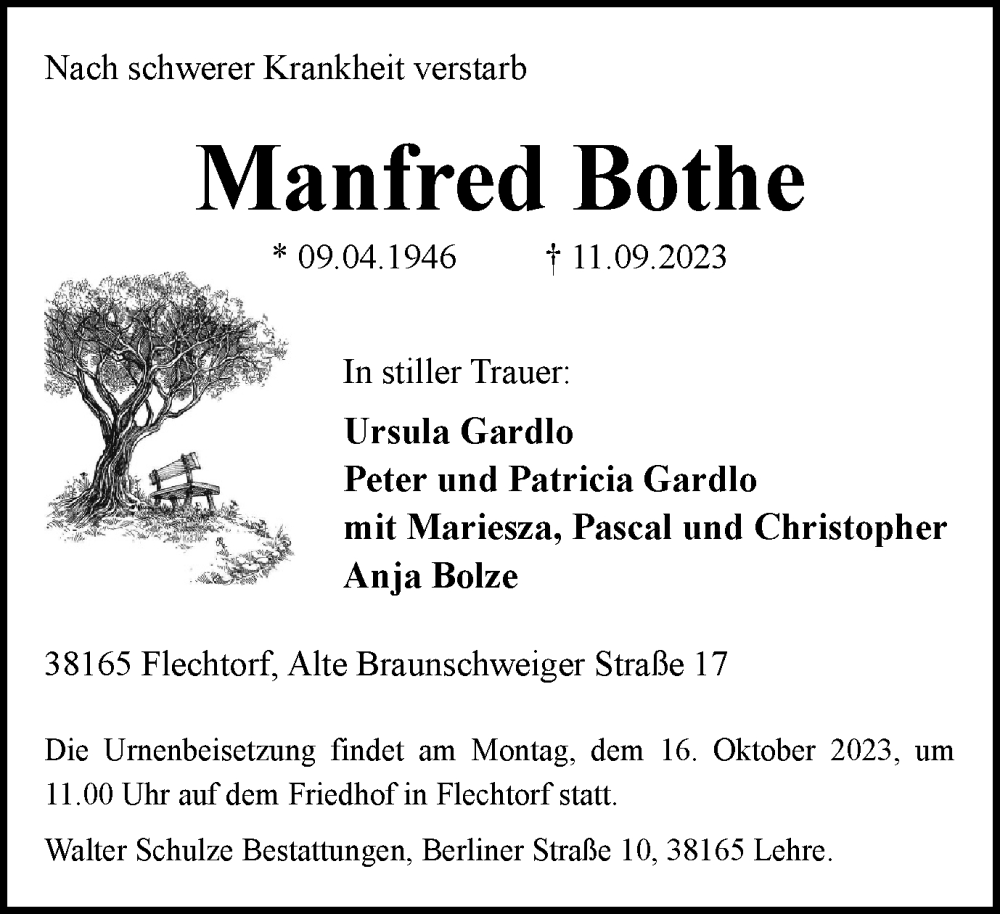  Traueranzeige für Manfred Bothe vom 16.09.2023 aus Braunschweiger Zeitung