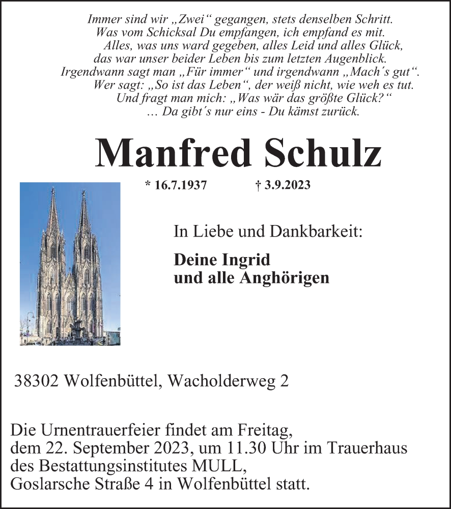  Traueranzeige für Manfred Schulz vom 16.09.2023 aus Wolfenbütteler Zeitung