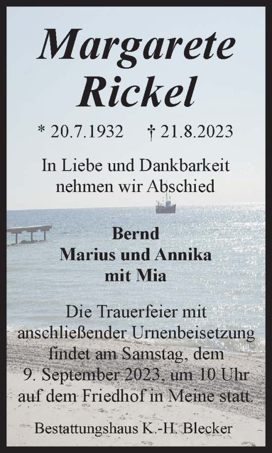 Traueranzeige von Margarete Rickel von Braunschweiger Zeitung