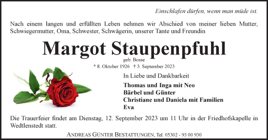 Traueranzeige von Margot Staupenpfuhl von Braunschweiger Zeitung