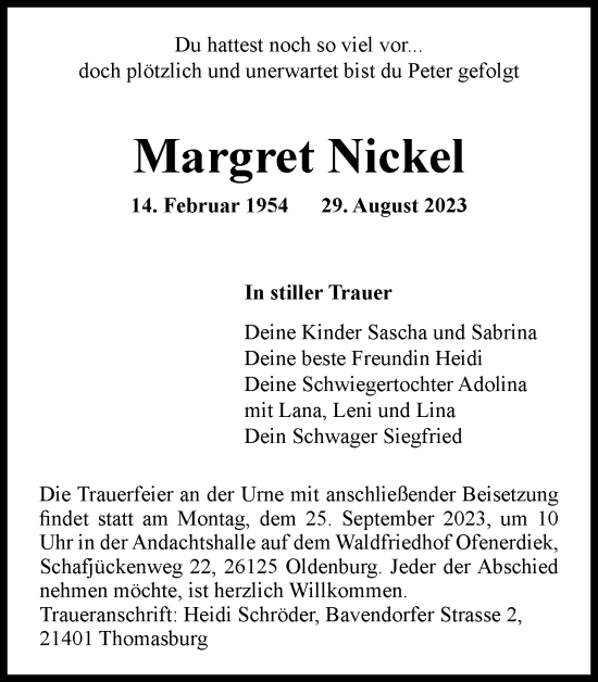 Traueranzeige von Margret Nickel von Helmstedter Nachrichten