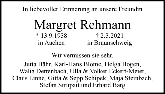 Traueranzeige von Margret Rehmann von Braunschweiger Zeitung