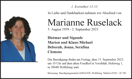 Traueranzeige von Marianne Ruselack von Wolfsburger Nachrichten