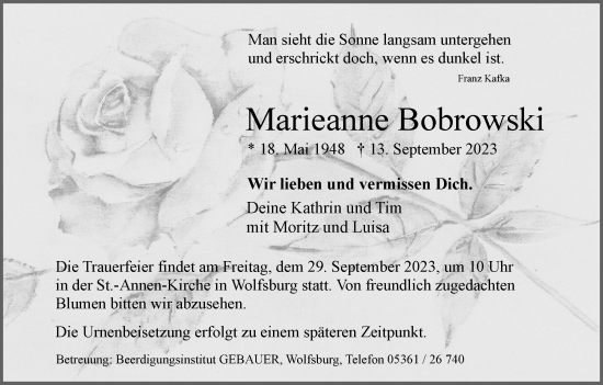 Traueranzeige von Marieanne Bobrowski von Wolfsburger Nachrichten