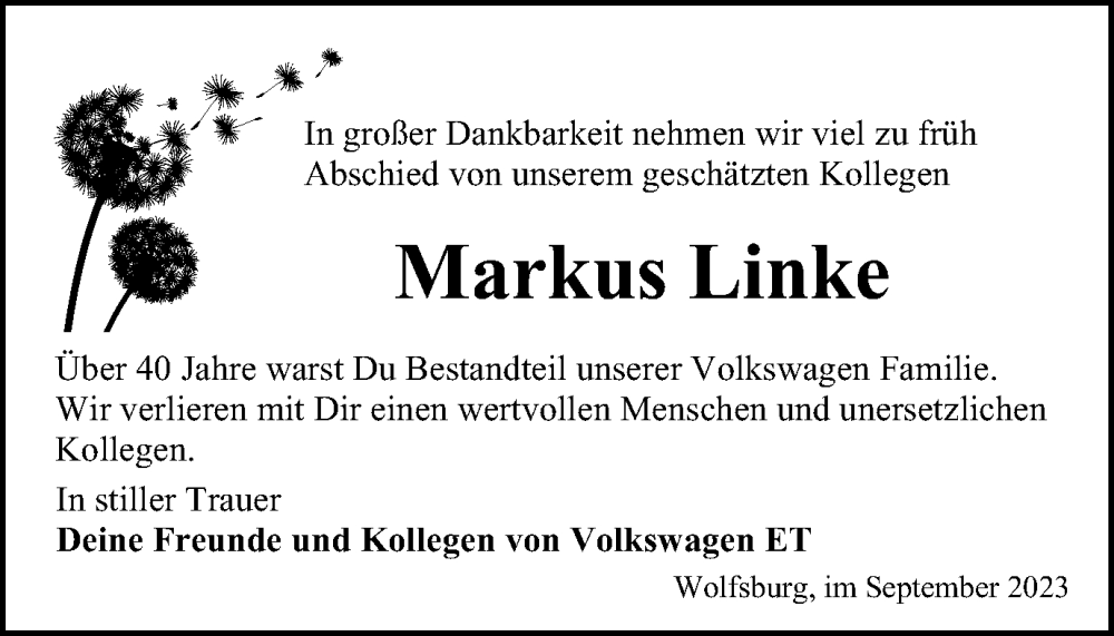  Traueranzeige für Markus Linke vom 23.09.2023 aus Helmstedter Nachrichten