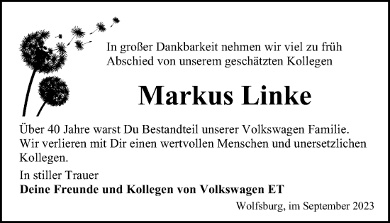 Traueranzeige von Markus Linke von Helmstedter Nachrichten