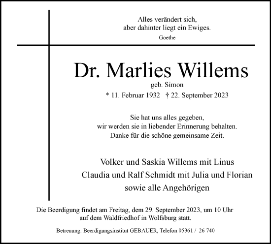 Traueranzeige von Marlies Willems von Wolfsburger Nachrichten