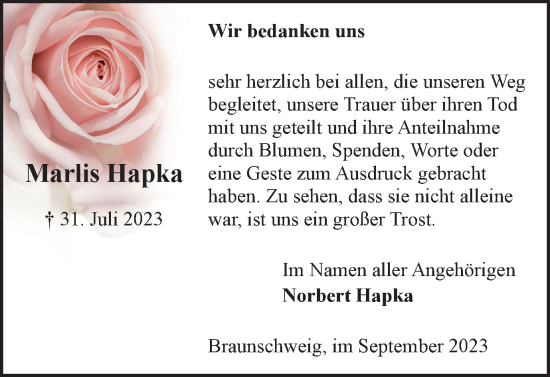 Traueranzeige von Marlis Hapka von Braunschweiger Zeitung