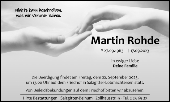 Traueranzeige von Martin Rohde von Salzgitter-Zeitung