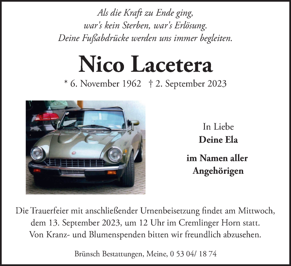  Traueranzeige für Nico Lacetera vom 07.09.2023 aus Wolfsburger Nachrichten